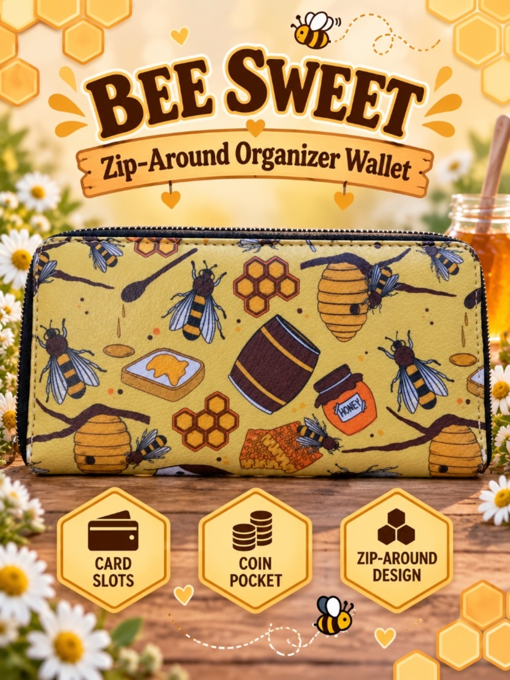 Honey Bee & Beehive Zip Around Organizer Wallet Cottagecore 🍯🐝